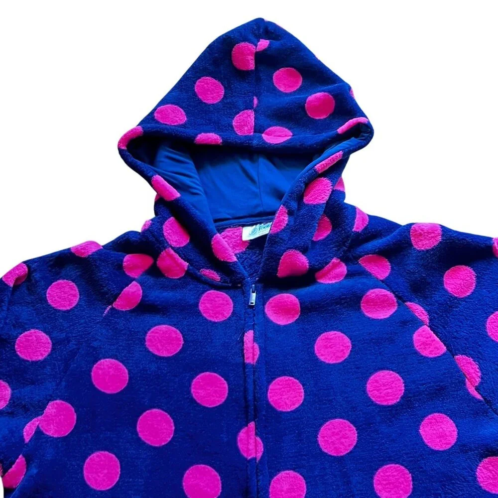 Footed Pajamas Hooded Purple Pink Polka Dot Fleece Zipper Closure Pocket Warm - Picture 3 of 16